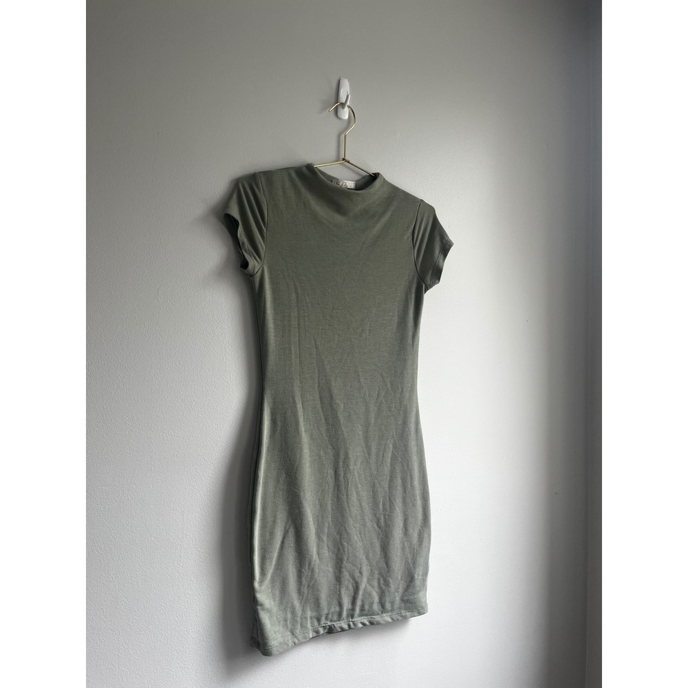 Cefian Olive Green Mock Neck Short Sleeve Asymmetrical Bodycon Mini‎ Dress M
